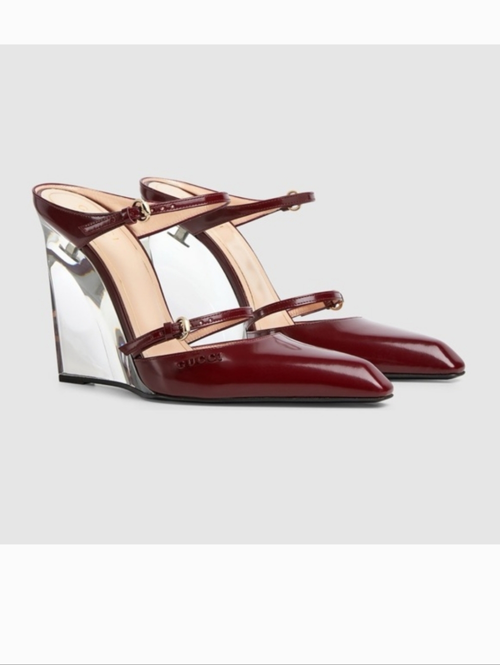 Gucci Burgundy Patent Leather Dual-Strap Wedge with Mirrored Heel - Picture 2 of 6